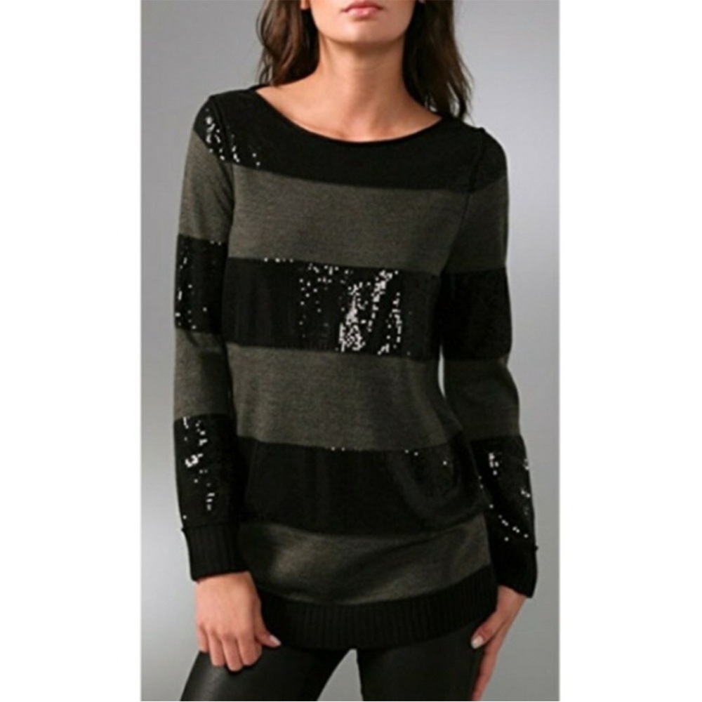 ALICE + OLIVIA “Evan” Knitwear Striped Sequined Wool Tunic Sweater Black & Gray